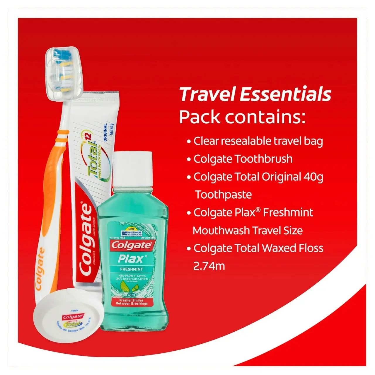 Colgate Travel Essentials Kit, 1 Pack, Toothbrush, Toothpaste, Mouthwash, Floss and Travel Bag Pack