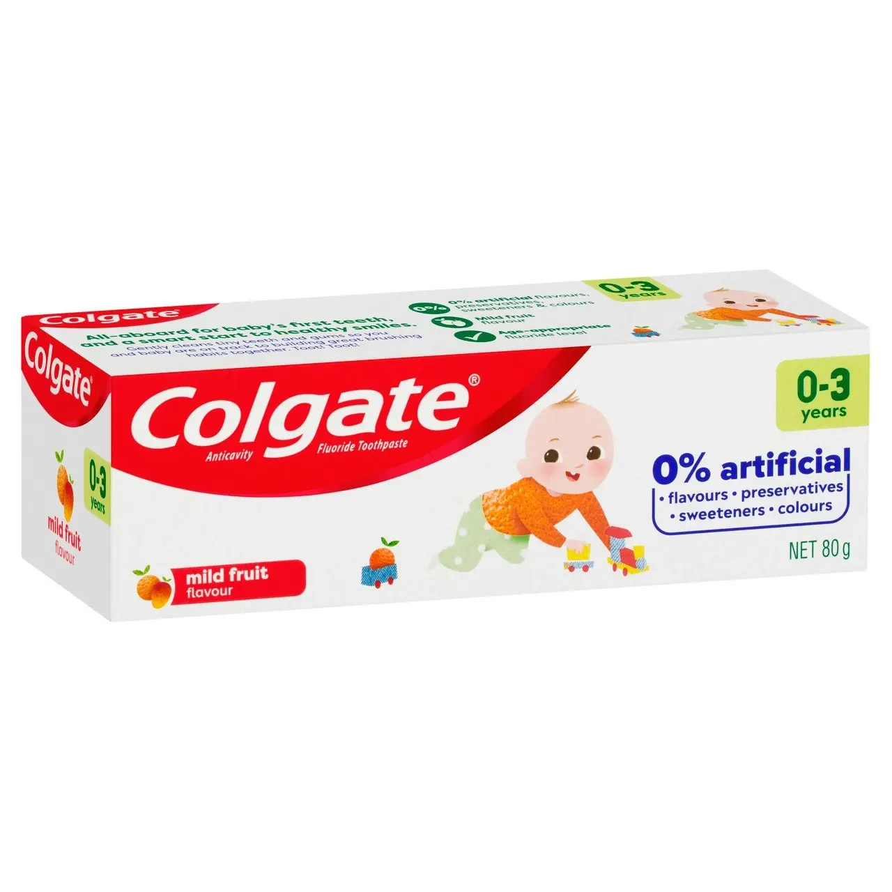 Colgate Kids Toothpaste 0-3 Years Mild Fruit Flavour Anticavity Fluoride Toddler Toothpaste No Artificial Flavours Preservatives Sweeteners or Colours 80g