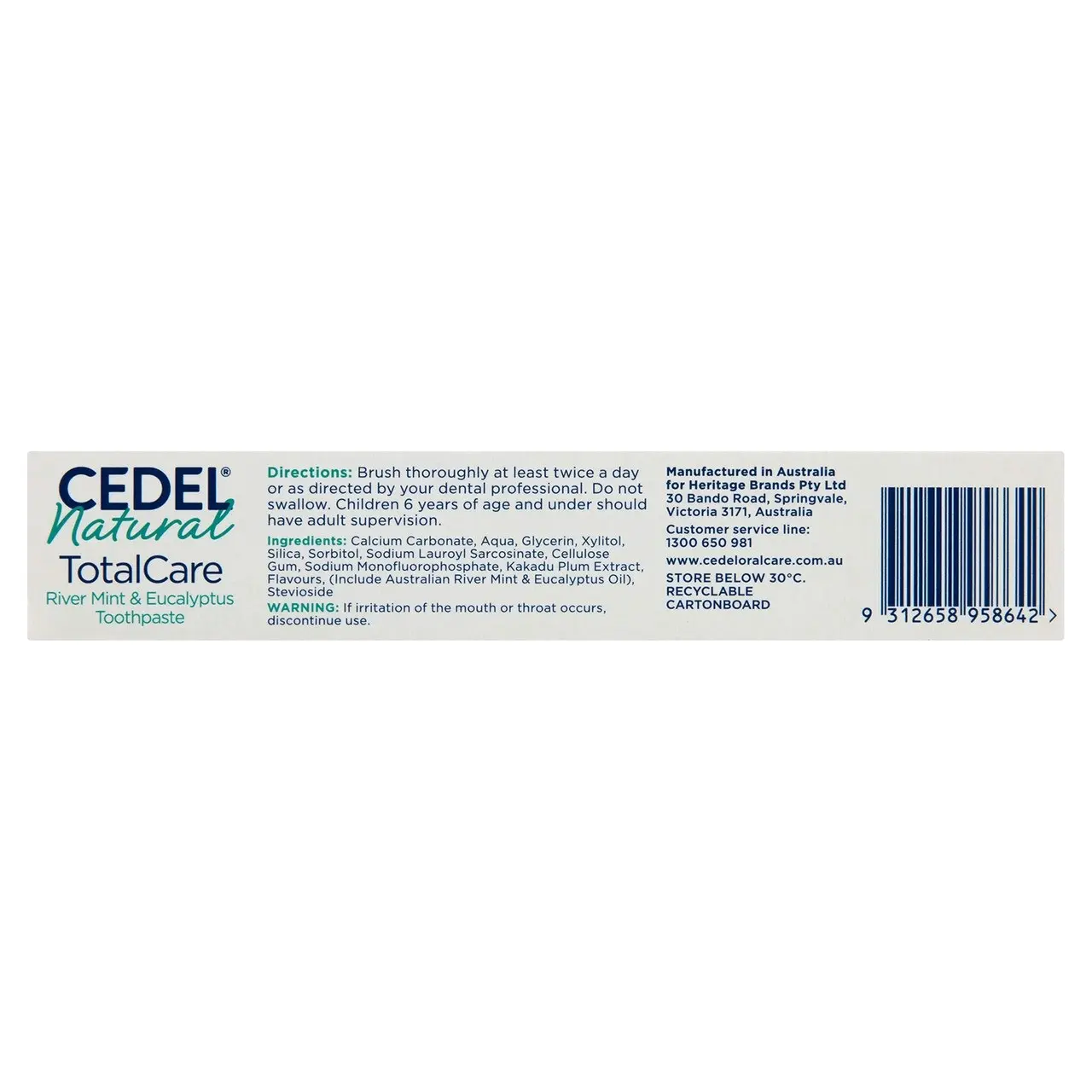 Cedel TotalCare Natural Toothpaste with River Mint & Eucalyptus 110g