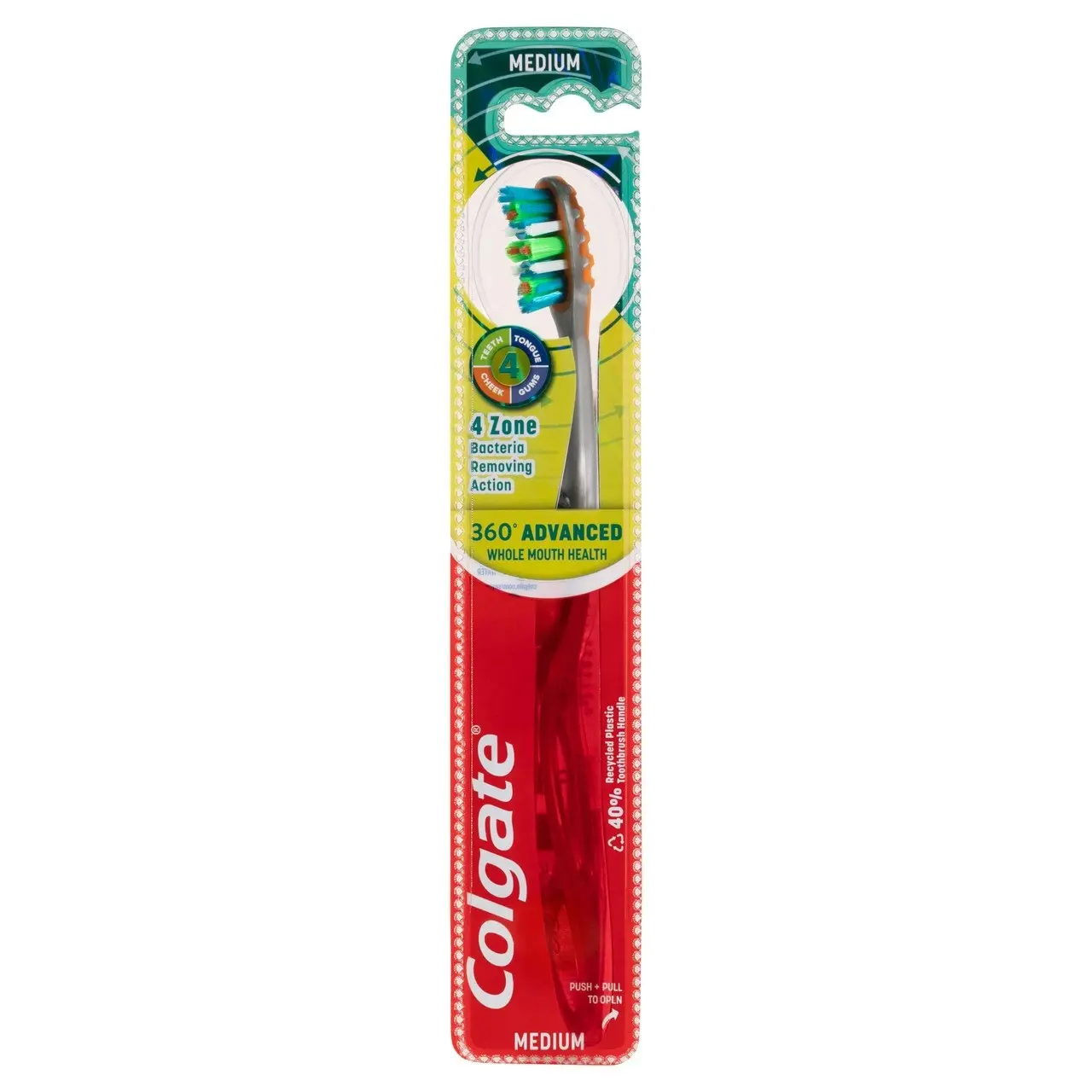 Colgate 360o Advanced Whole Mouth Health Manual Toothbrush, 1 Pack, Medium Bristles with 4 Zone Bacteria Removing Action