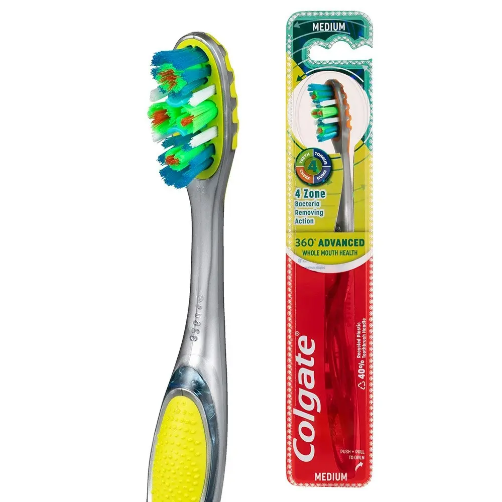 Colgate 360o Advanced Whole Mouth Health Manual Toothbrush, 1 Pack, Medium Bristles with 4 Zone Bacteria Removing Action