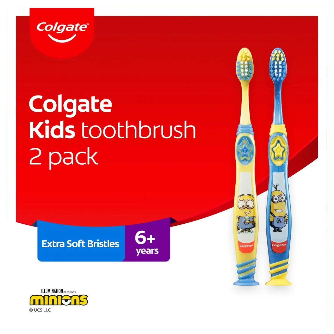 Colgate Kids Minions Manual Toothbrush for Children 6+ Years, Value 2 Pack, Extra Soft Bristles, Colours May Vary