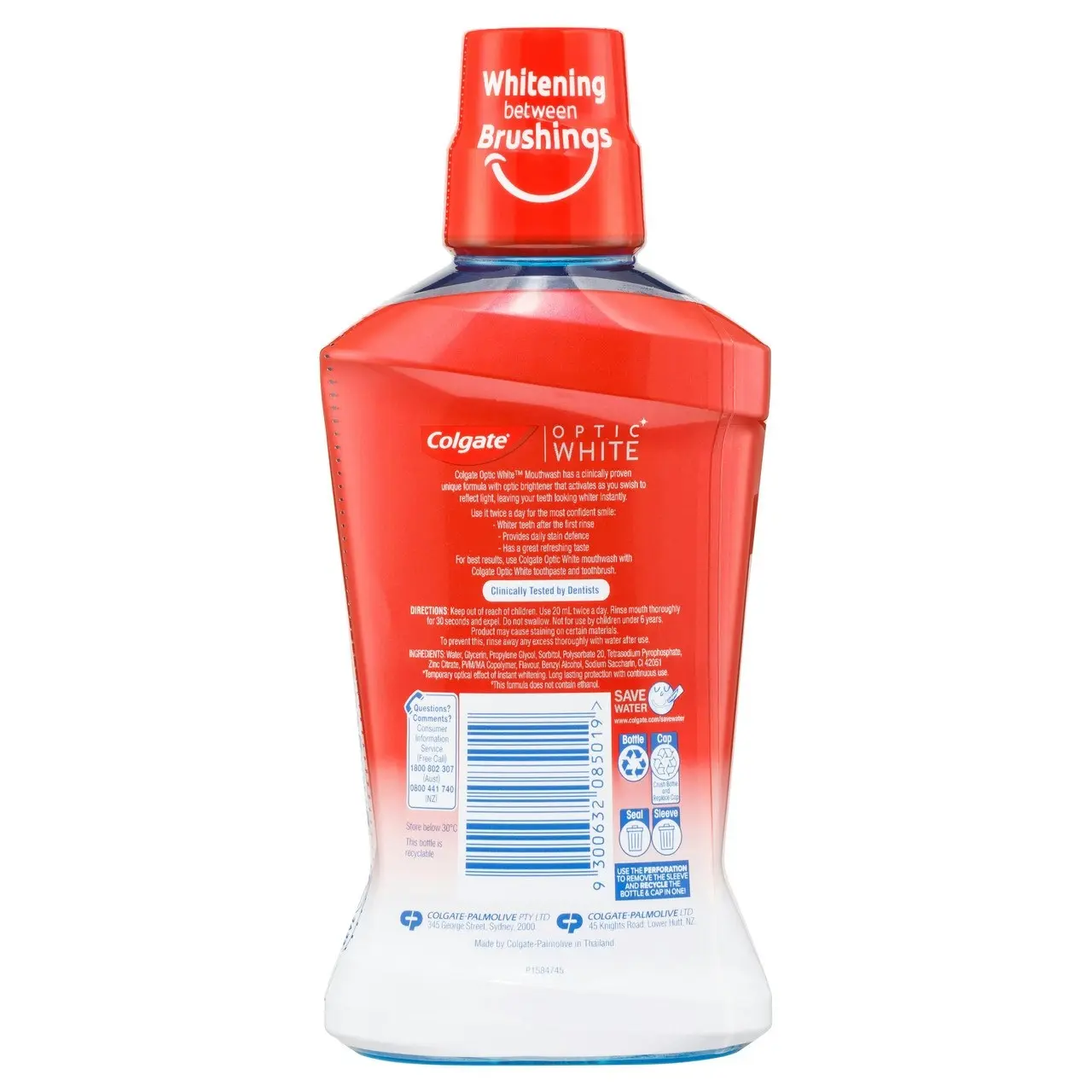 Colgate Optic White Teeth Whitening Mouthwash, 500mL, with Optic Brightener, Alcohol Free