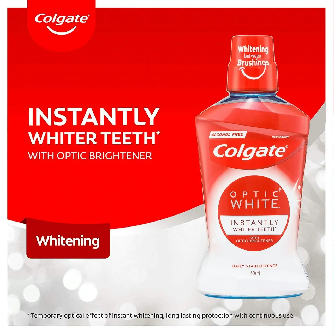 Colgate Optic White Teeth Whitening Mouthwash, 500mL, with Optic Brightener, Alcohol Free