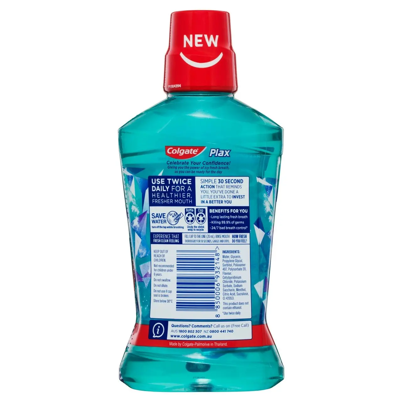 Colgate Plax Ice Fusion Antibacterial Mouthwash, 500mL, Cold Mint, Alcohol Free, Bad Breath Control