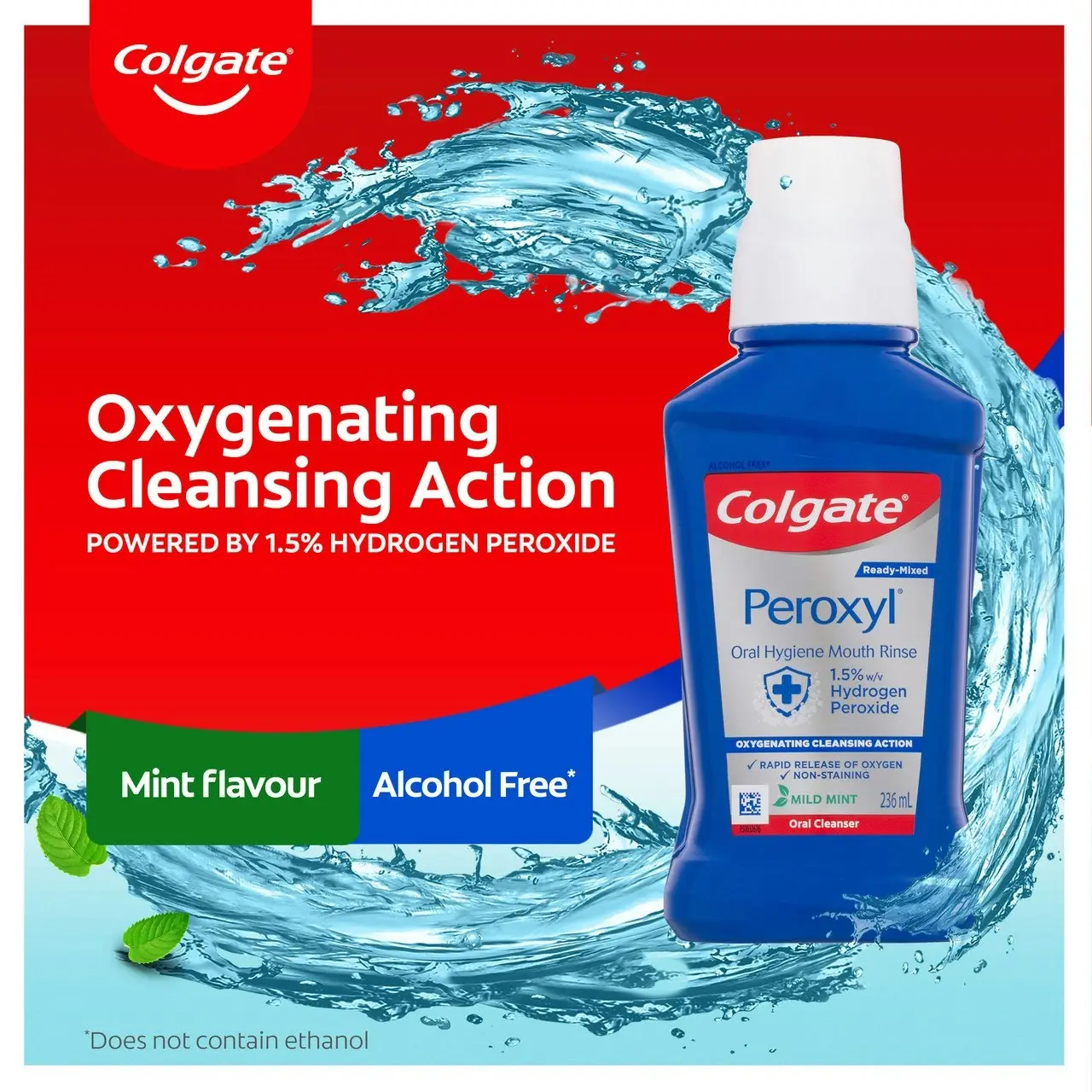 Colgate Peroxyl Oral Hygiene Mouth Rinse Mouthwash, 236mL, Mint with 1.5% Hydrogen Peroxide