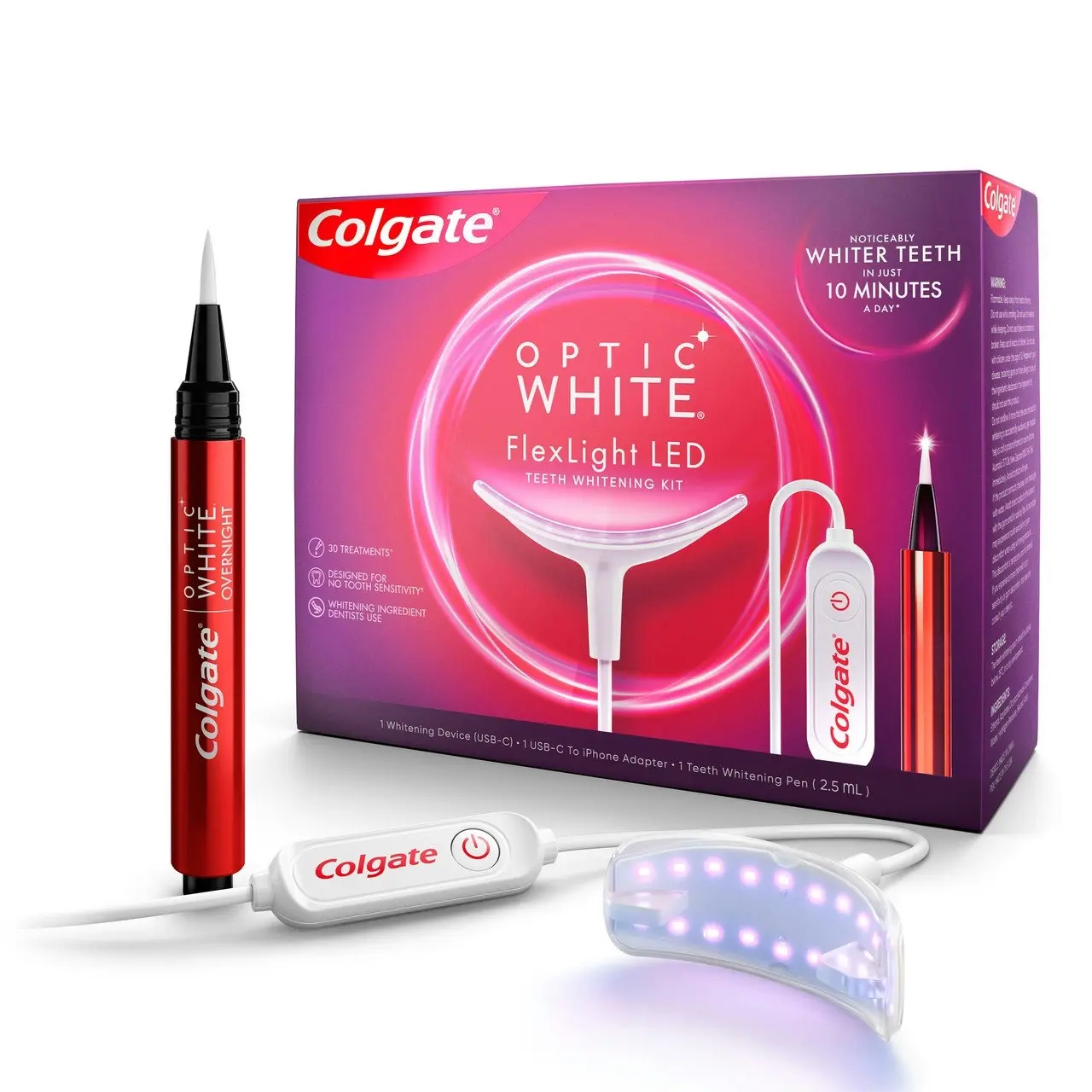 Colgate Optic White FlexLight LED Whitening Kit, At Home Whitening Indigo Device & Whitening Pen, 30 Treatments