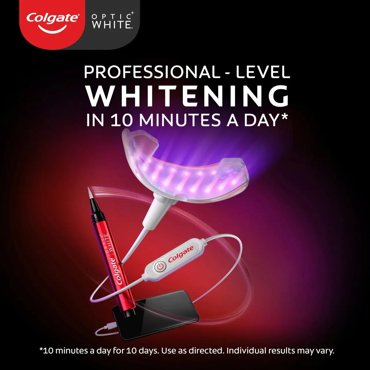 Colgate Optic White FlexLight LED Whitening Kit, At Home Whitening Indigo Device & Whitening Pen, 30 Treatments