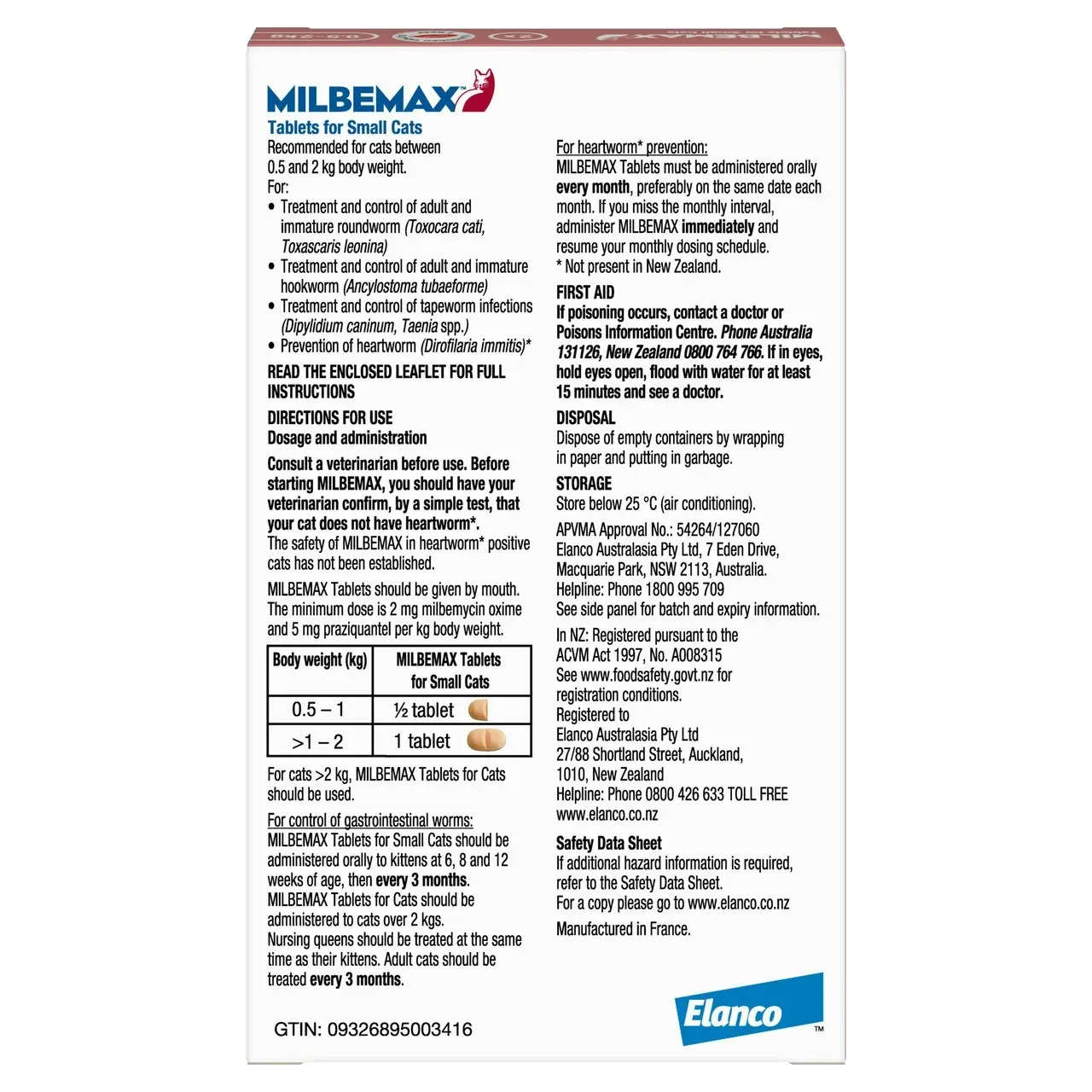 Milbemax(TM) Allwormer Tablet for Small Cats 0.5 - 2kg - 2 Pack