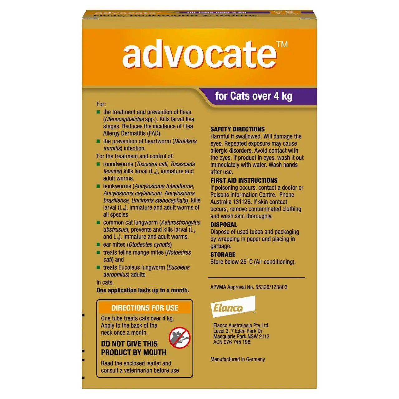 Advocate(TM) Fleas, Heartworm & Worms for Cats Over 4kg - 6 Pack