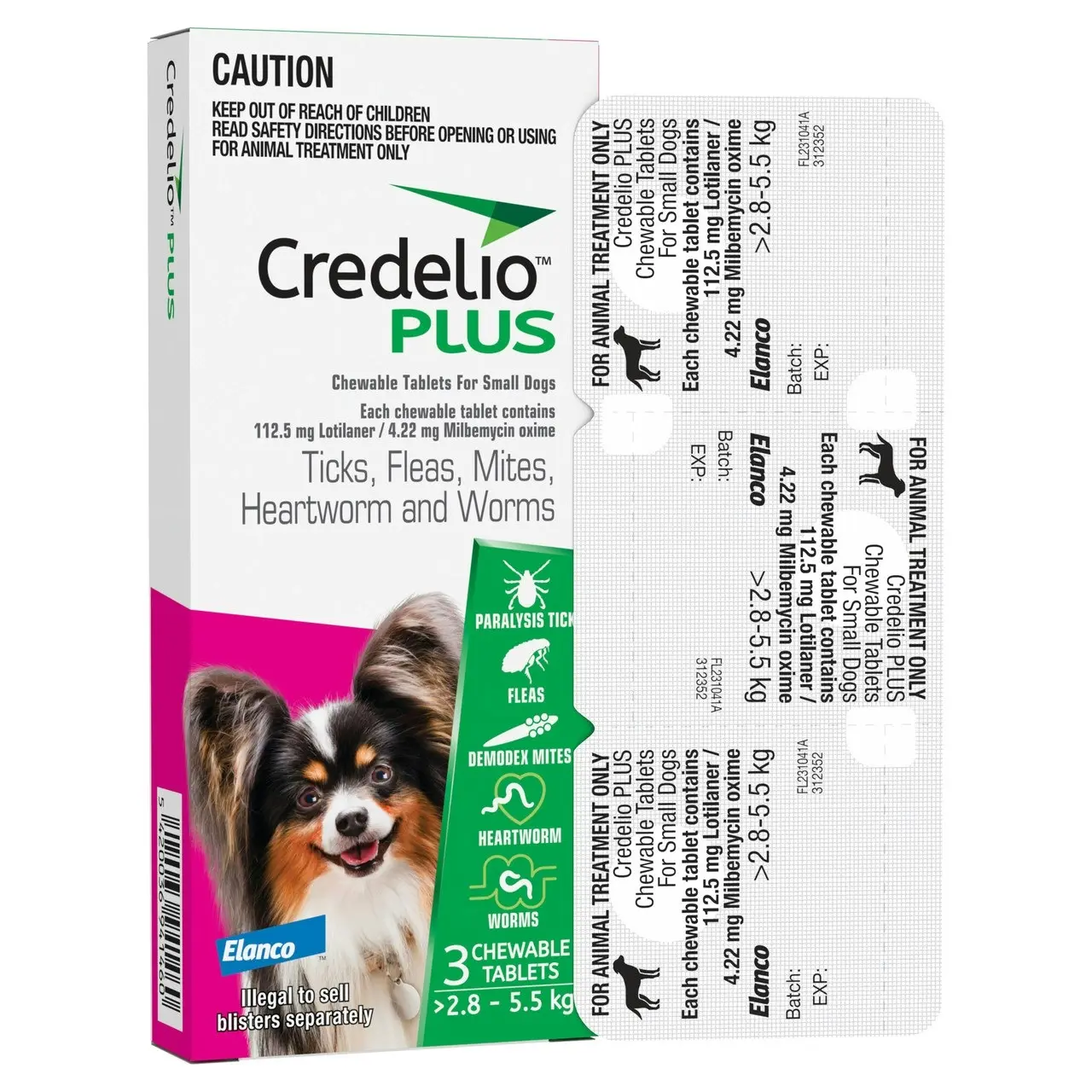 Credelio(TM) PLUS Ticks, Fleas, Mites, Heartworm & Worms for Small Dogs 2.8 - 5.5 kg - 3 Pack