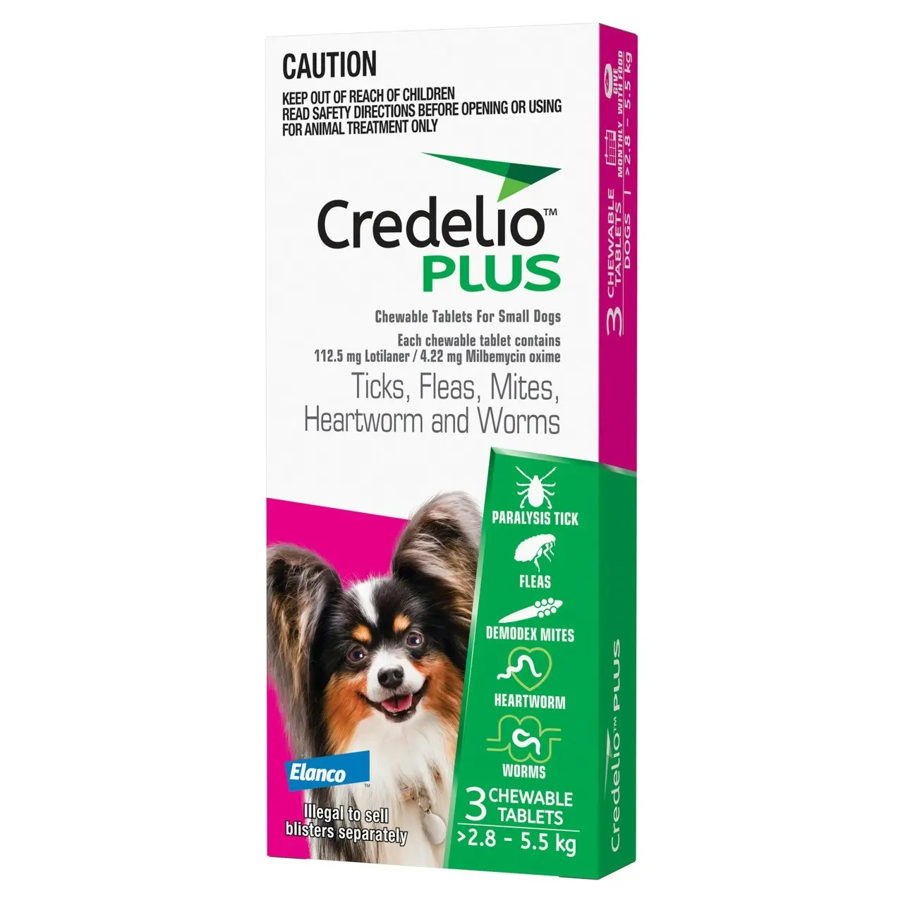 Credelio(TM) PLUS Ticks, Fleas, Mites, Heartworm & Worms for Small Dogs 2.8 - 5.5 kg - 3 Pack