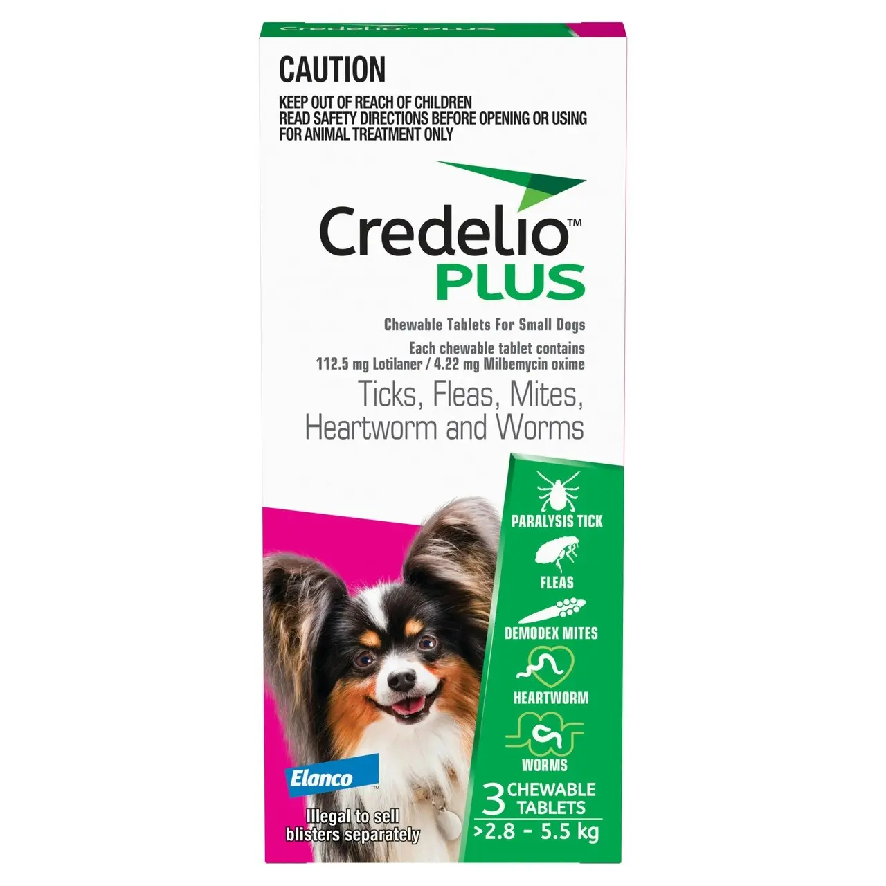 Credelio(TM) PLUS Ticks, Fleas, Mites, Heartworm & Worms for Small Dogs 2.8 - 5.5 kg - 3 Pack