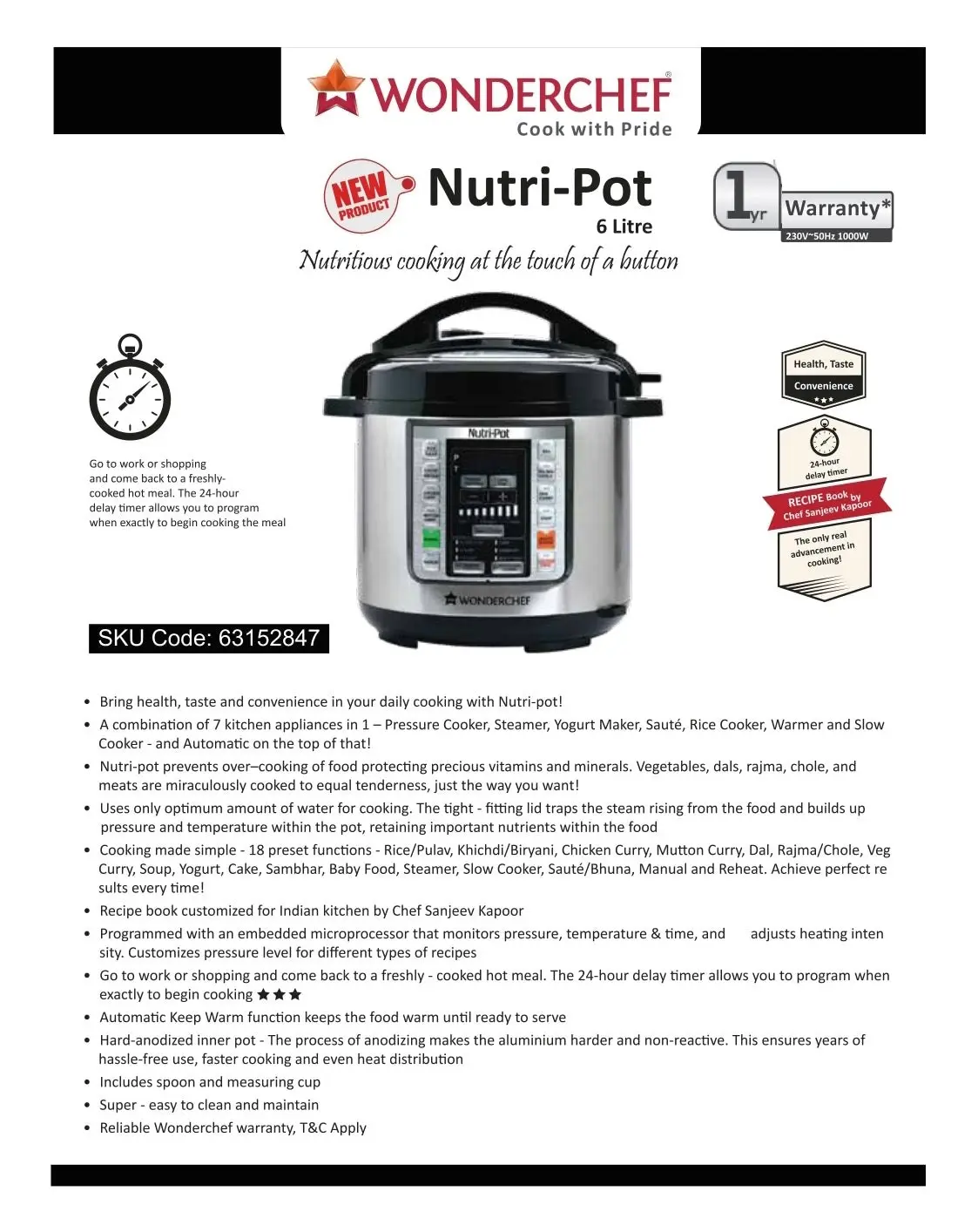 Wonderchef Nutri-Pot 6L with Australian Plug