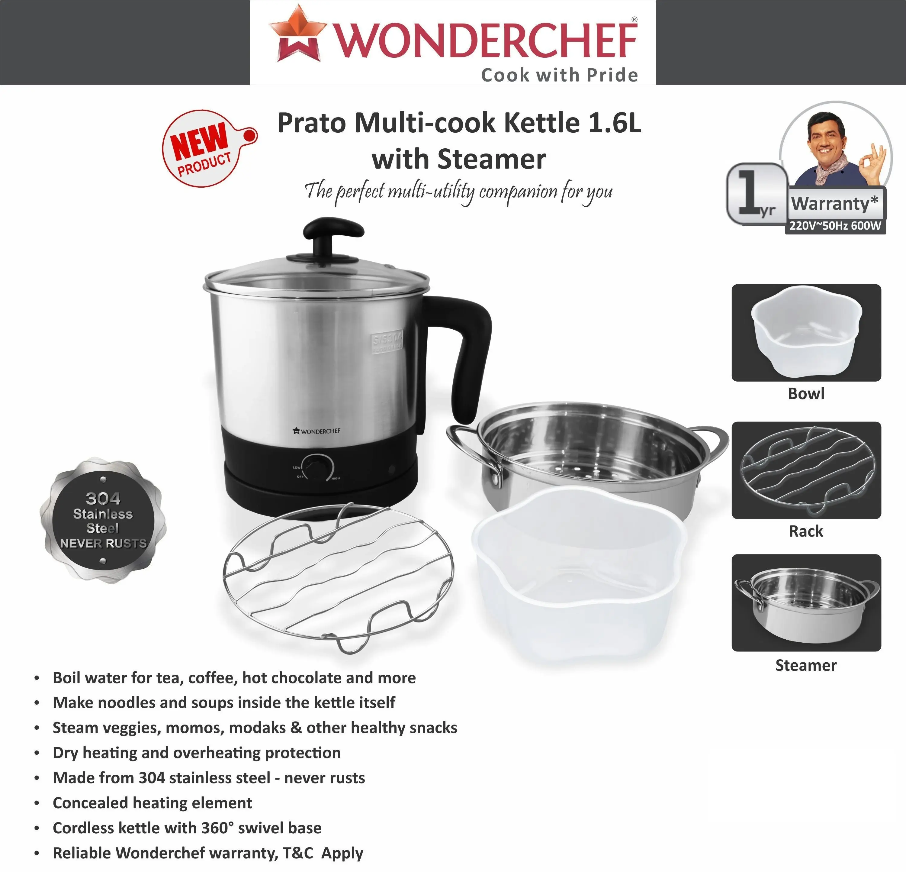 Wonderchef Prato Multi-cook Kettle with Steamer 1.6L with Australian Plug