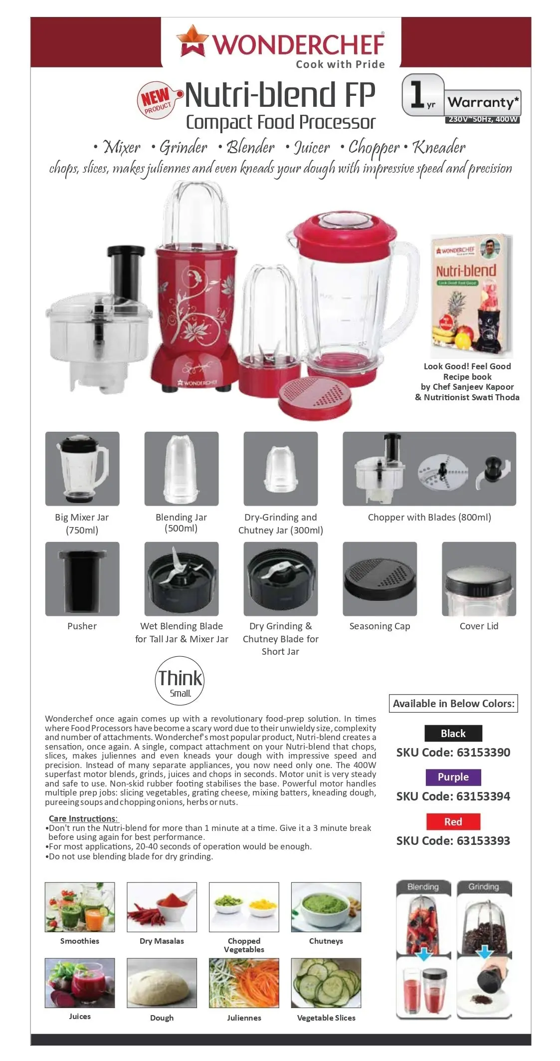 Wonderchef Nutri-Blend Compact Food Processor Red 400W with Australian Plug