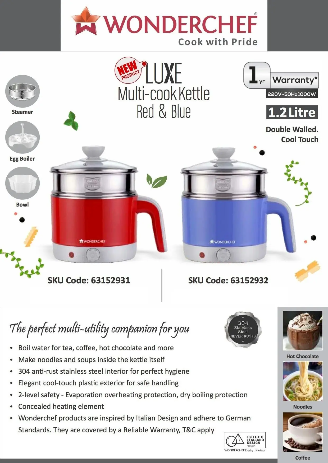 Wonderchef Luxe Multi-cook Kettle-Red 1.2 Litre with Australian Plug