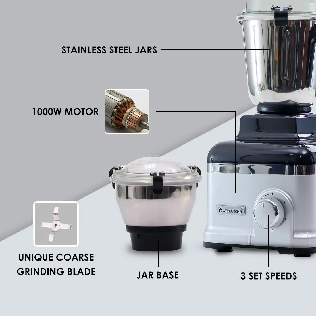 Wonderchef Sumo Silverado 1000 Watts Mixer Grinder with Australian Plug