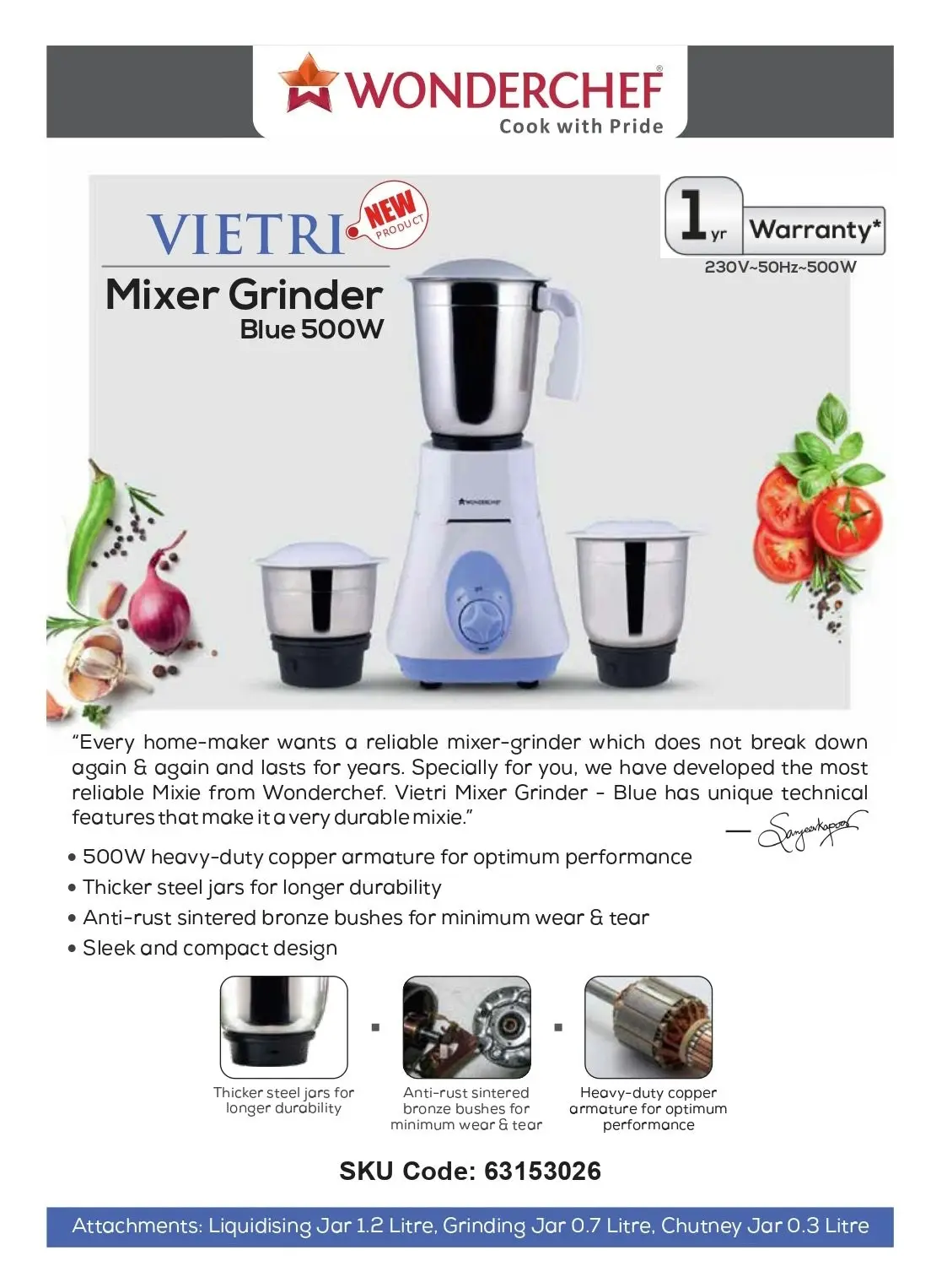 Wonderchef Vietri Mixer Grinder 500W with Australian Plug