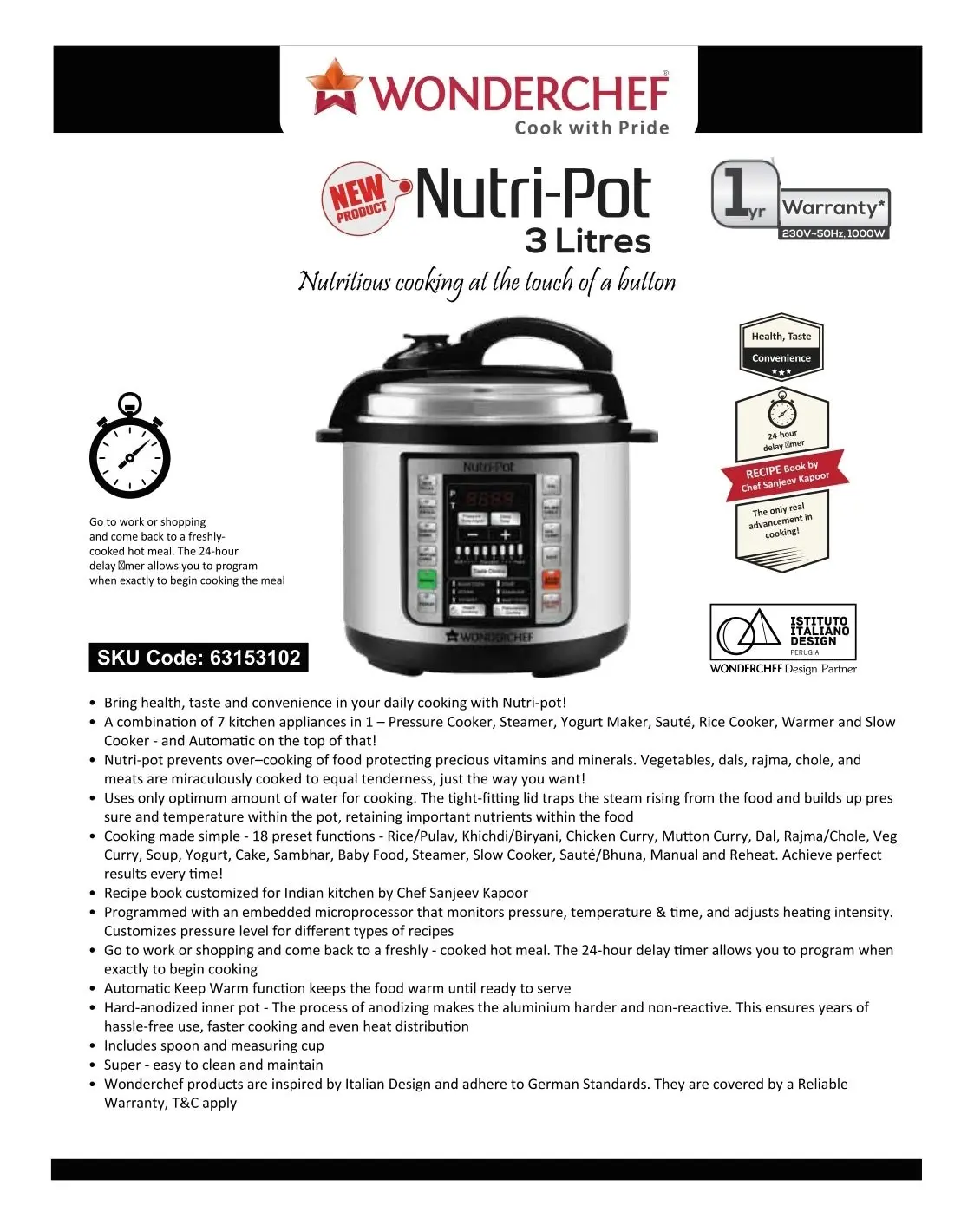 Wonderchef Nutri-Pot 3L with Australian Plug