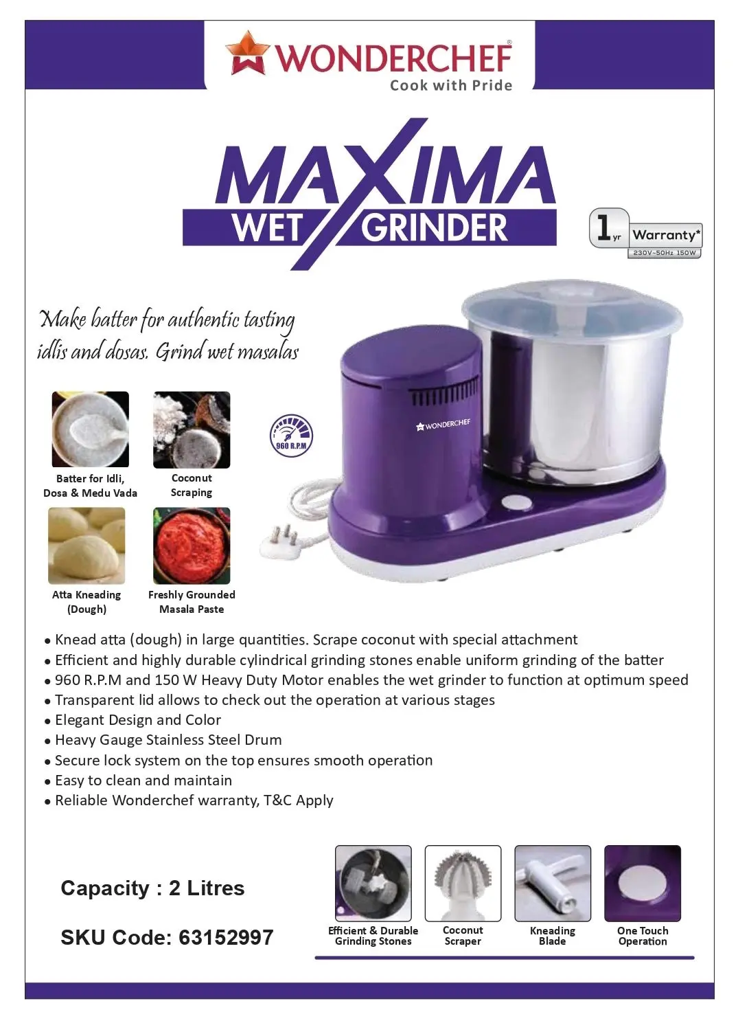 Wonderchef Maxima 150-Watt Table Top Wet Grinder 2L with Coconut Scrapper & Atta Kneader with Australian Plug