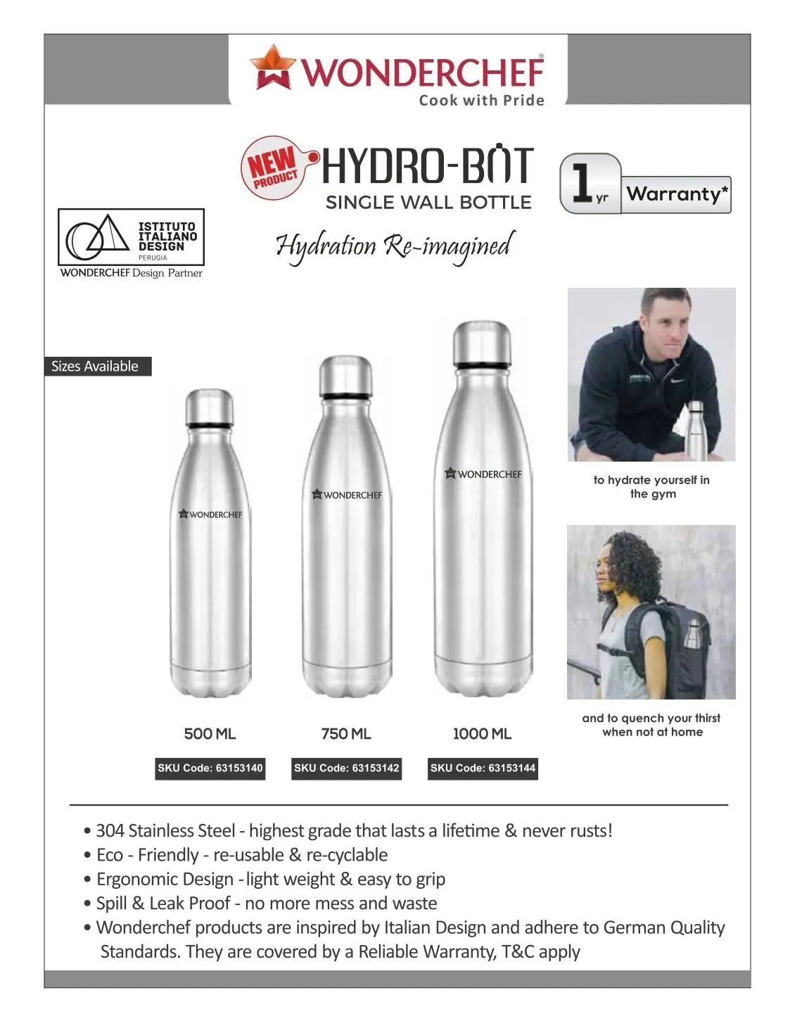 Wonderchef HydroBot Stainless Steel Bottle (SS Finish) 1L