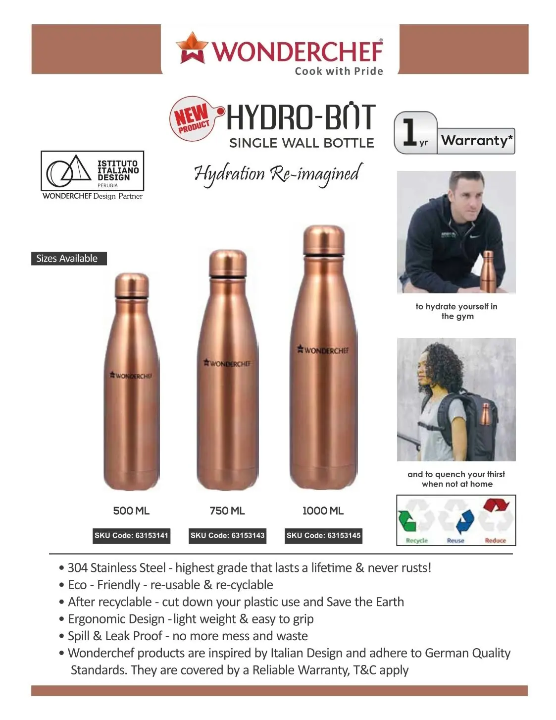 Wonderchef HydroBot Stainless Steel Bottle (Copper Finish) 1L