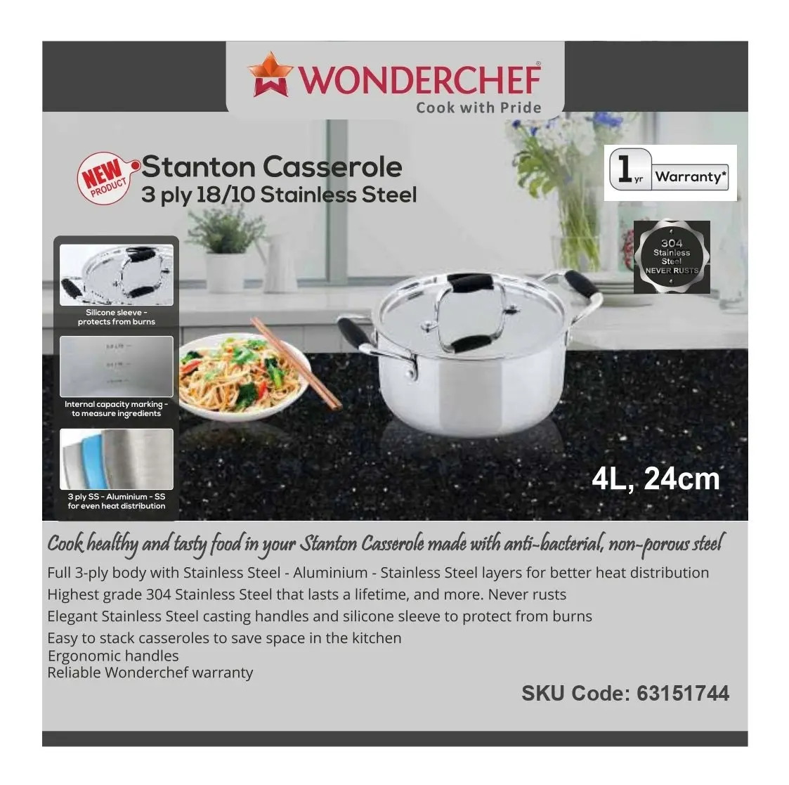 Wonderchef Stanton Stainless Steel Casserole 3 Ply 24cm 4L