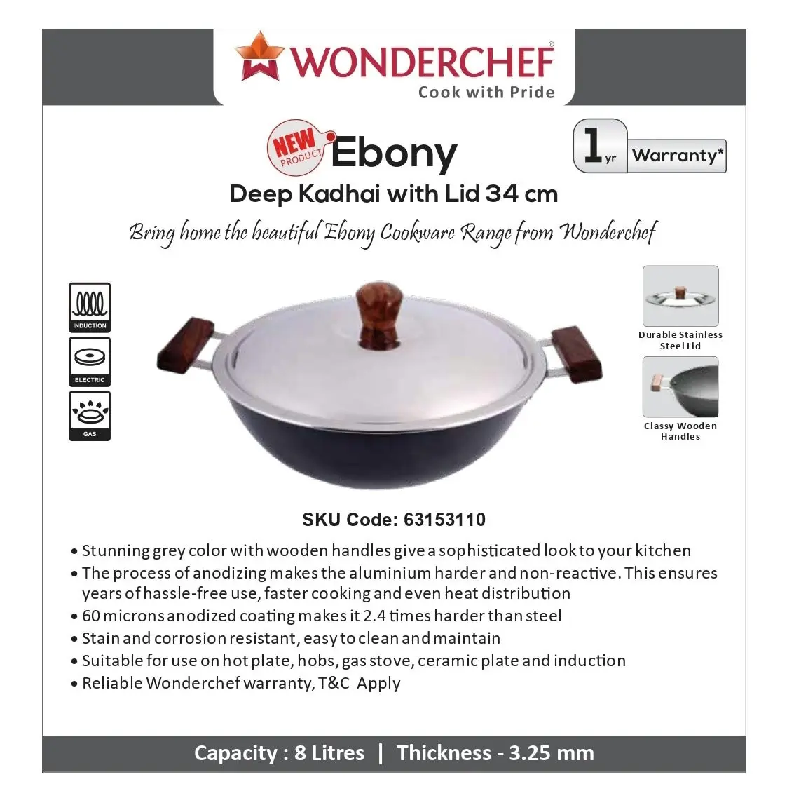 Wonderchef Ebony Deep Kadhai With Lid 34cm 8L