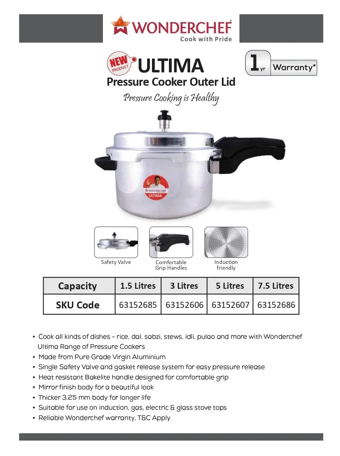 Wonderchef Ultima Presure Cooker Outer Lid - Aluminium 5L