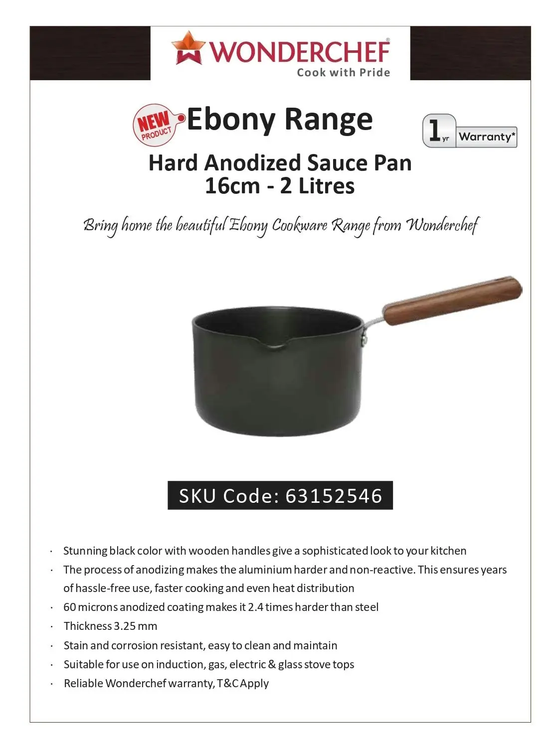 Wonderchef Ebony Hard Anodized Sauce Pan 16cm 2L