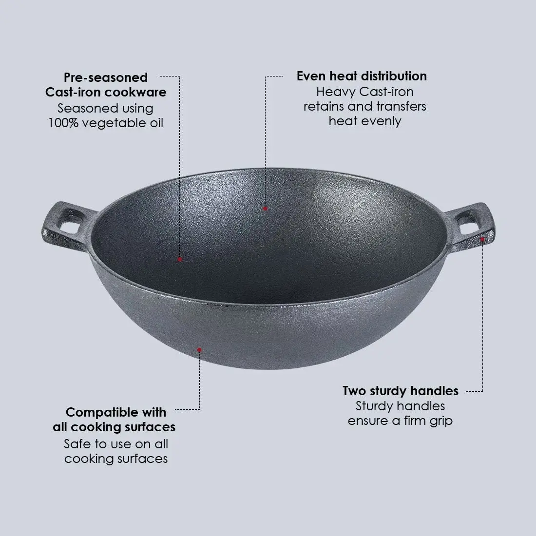 Wonderchef Forza Pre Seasoned Cast Iron Kadhai 30cm, 3.35L, 3.8mm