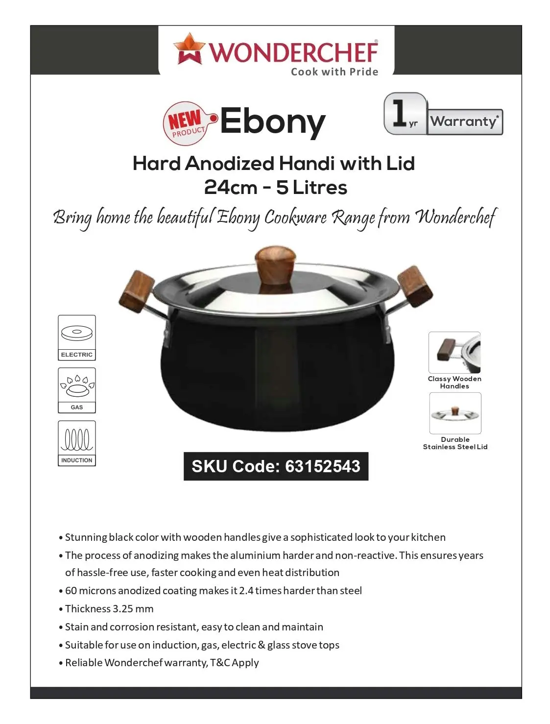 Wonderchef Ebony Hard Anodized Handi with Lid 24cm 5L