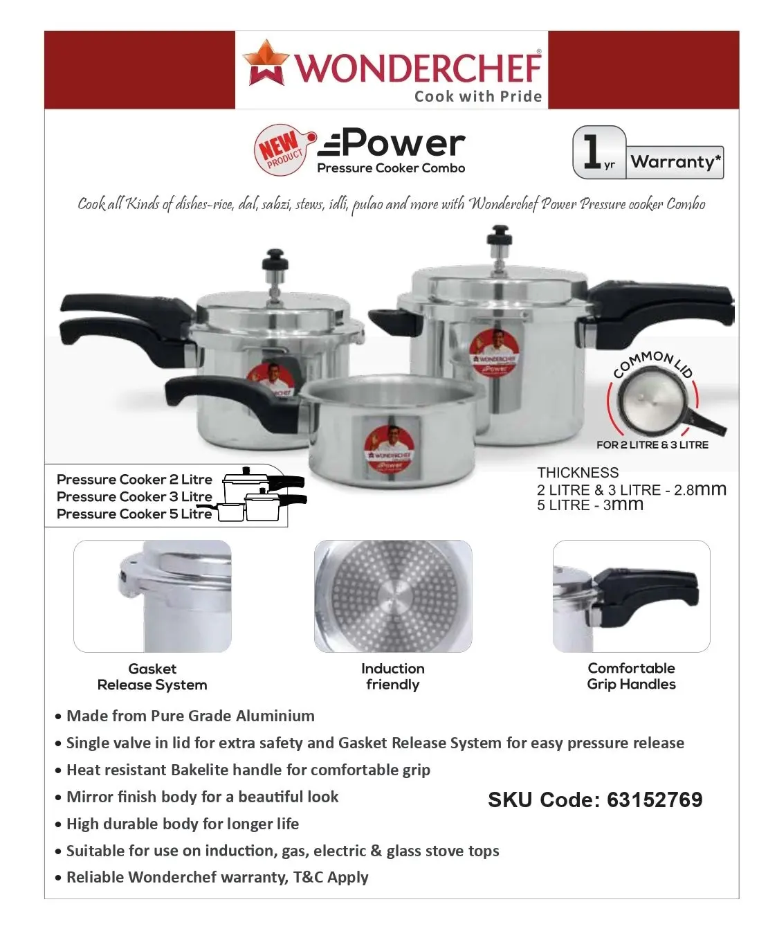 Wonderchef Power Pressure Cooker Combo Aluminium - 2L, 3L with Common Outer Lid, 5L Outer Lid