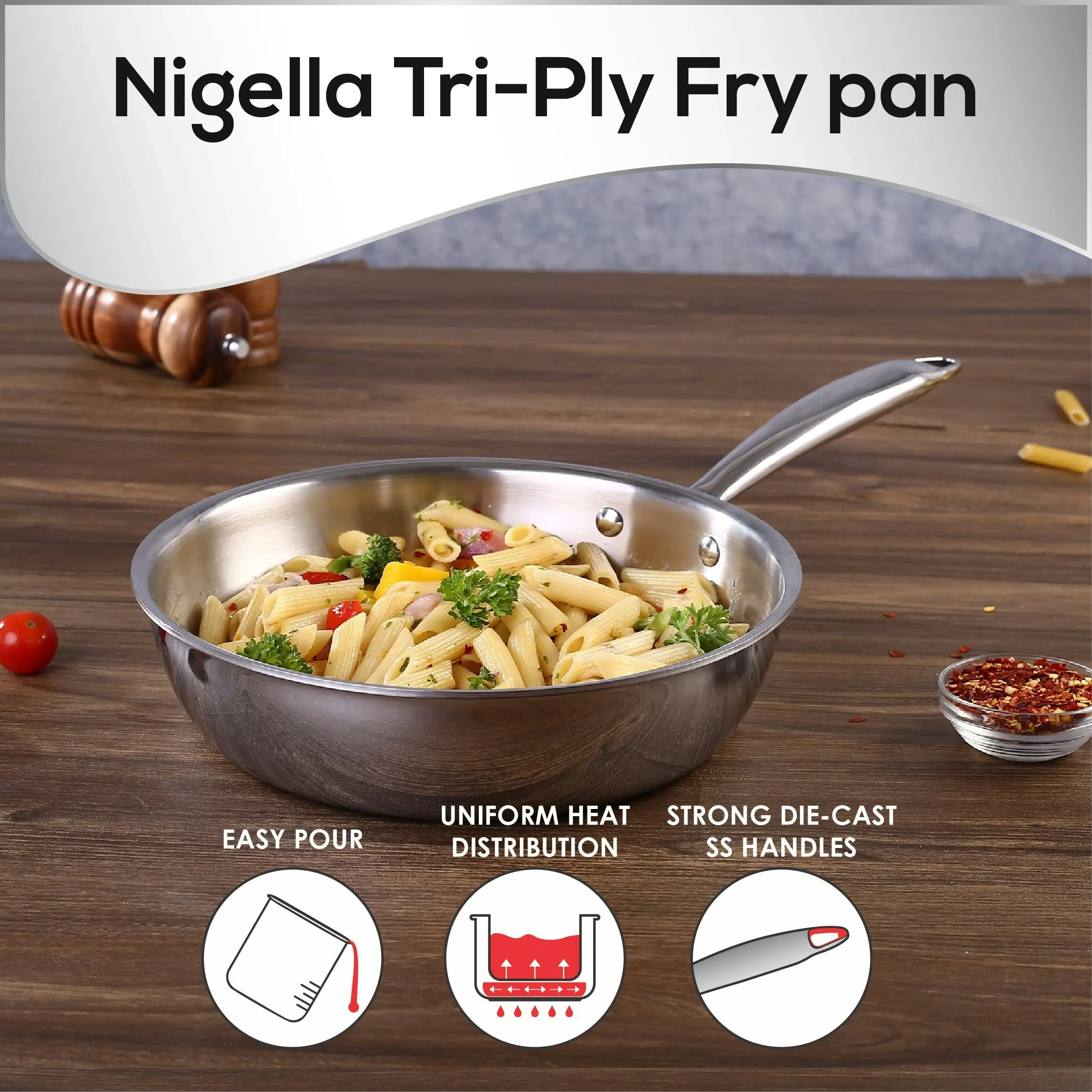 Wonderchef Nigella Stainless Steel Triply Fry Pan 2.6L 26 cm