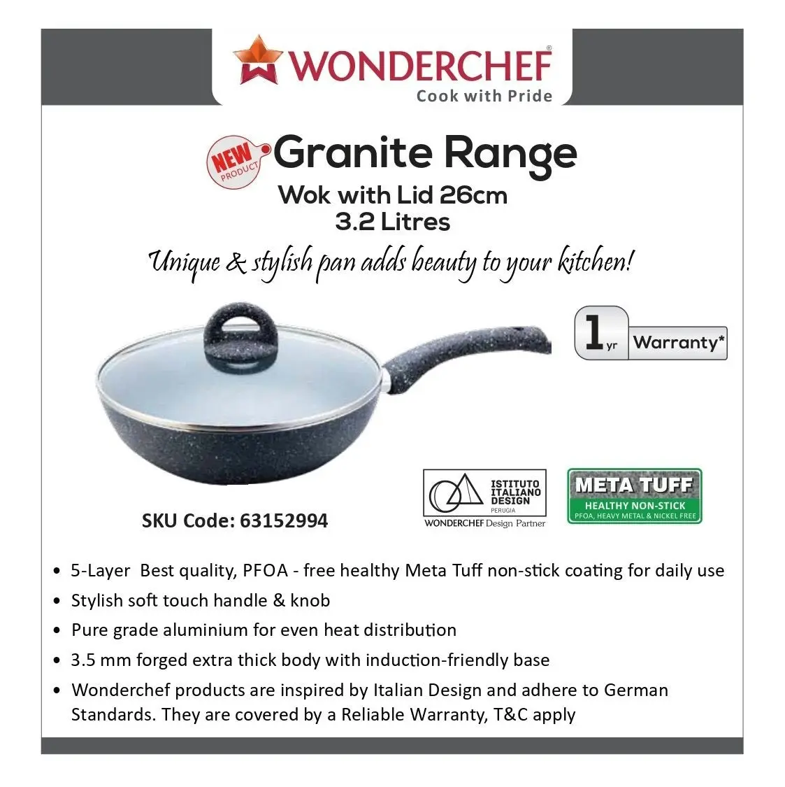 Wonderchef Granite 26cm Wok with Lid 3.1L