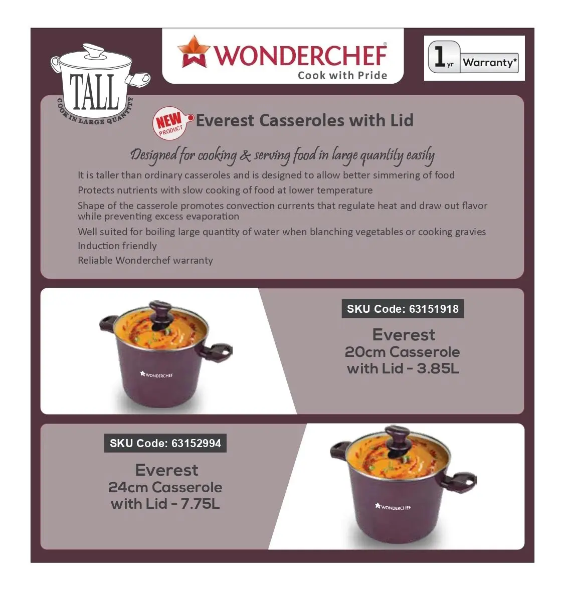 Wonderchef Everest Casserole with Lid 24cm 7.75L