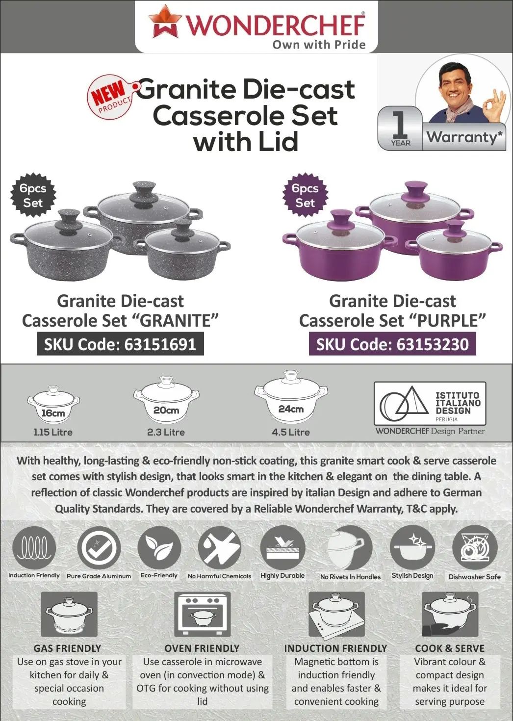 Wonderchef Granite Range Die-Cast Casserole Set – 6 Pc - Purple