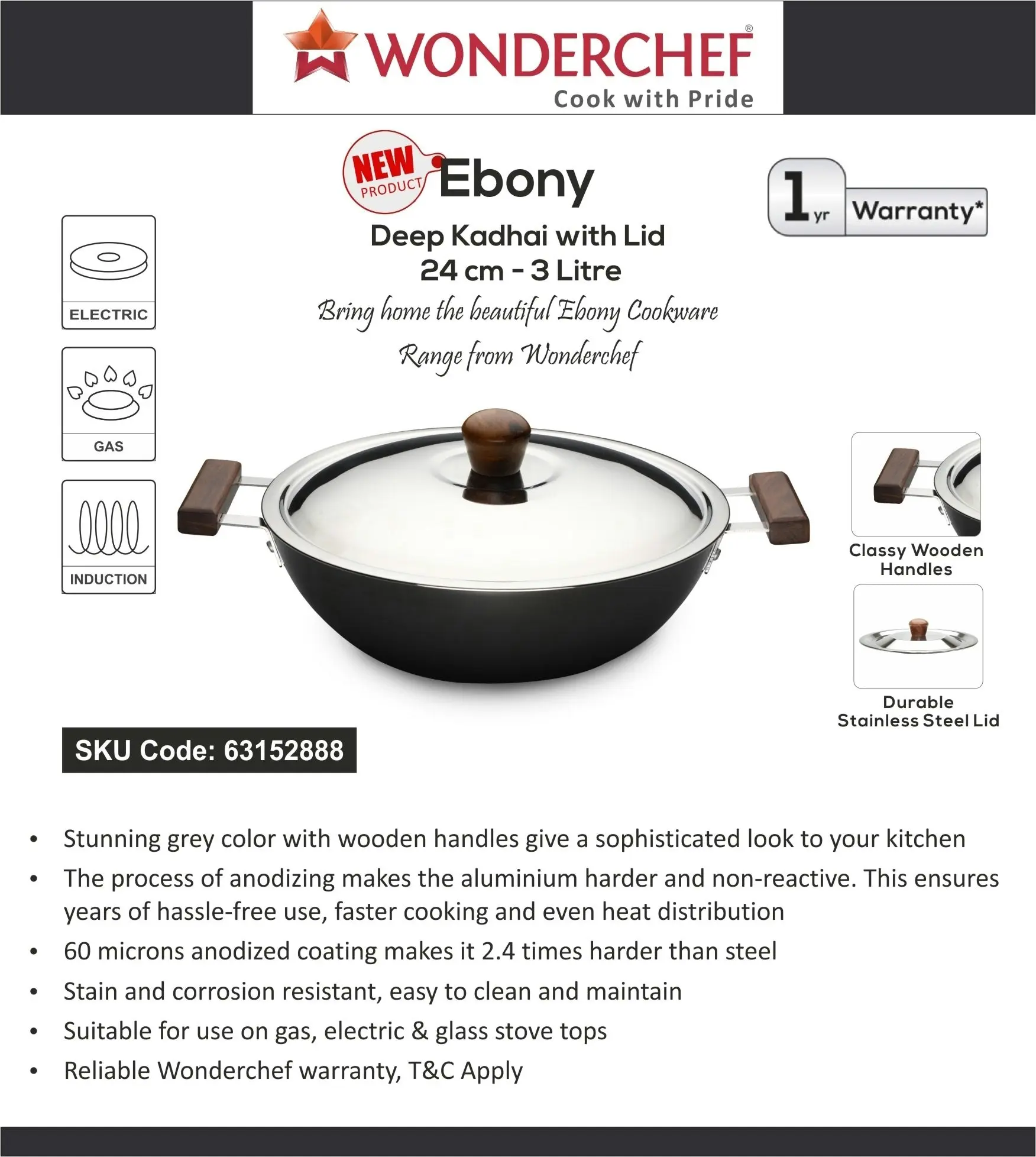 Wonderchef Ebony Deep Kadhai 24 cm 3 L