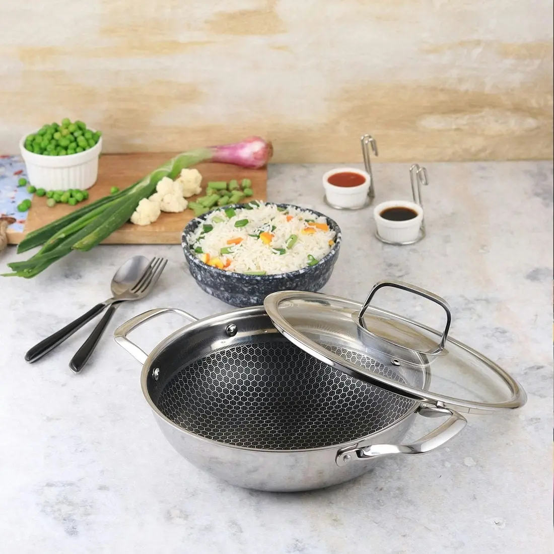 Wonderchef Stanton Stainless Steel Nonstick Kadhai with Lid- 24cm 2L