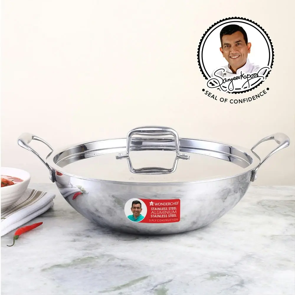 Wonderchef Nigella Stainless Steel Triply Kadhai with SS Lid 28 cm 4.1L