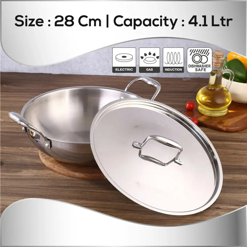 Wonderchef Nigella Stainless Steel Triply Kadhai with SS Lid 28 cm 4.1L