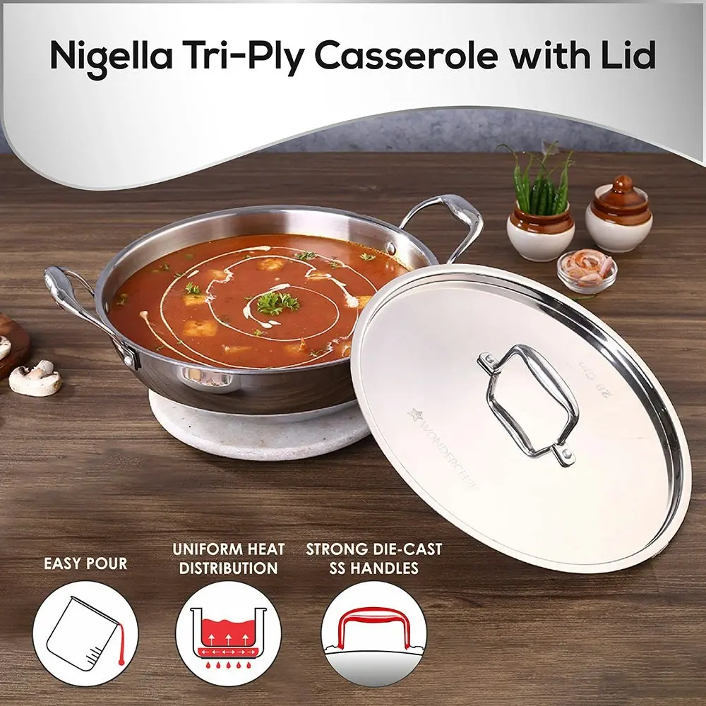 Wonderchef Nigella Stainless Steel Triply Kadhai with SS Lid 28 cm 4.1L