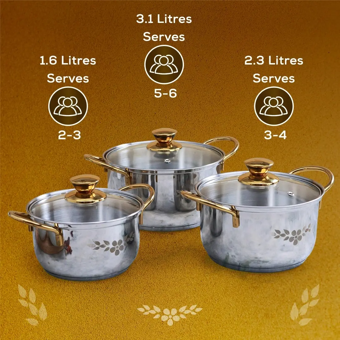 Wonderchef Gold Stanton Stainless Steel Casserole Set – 6 Pc