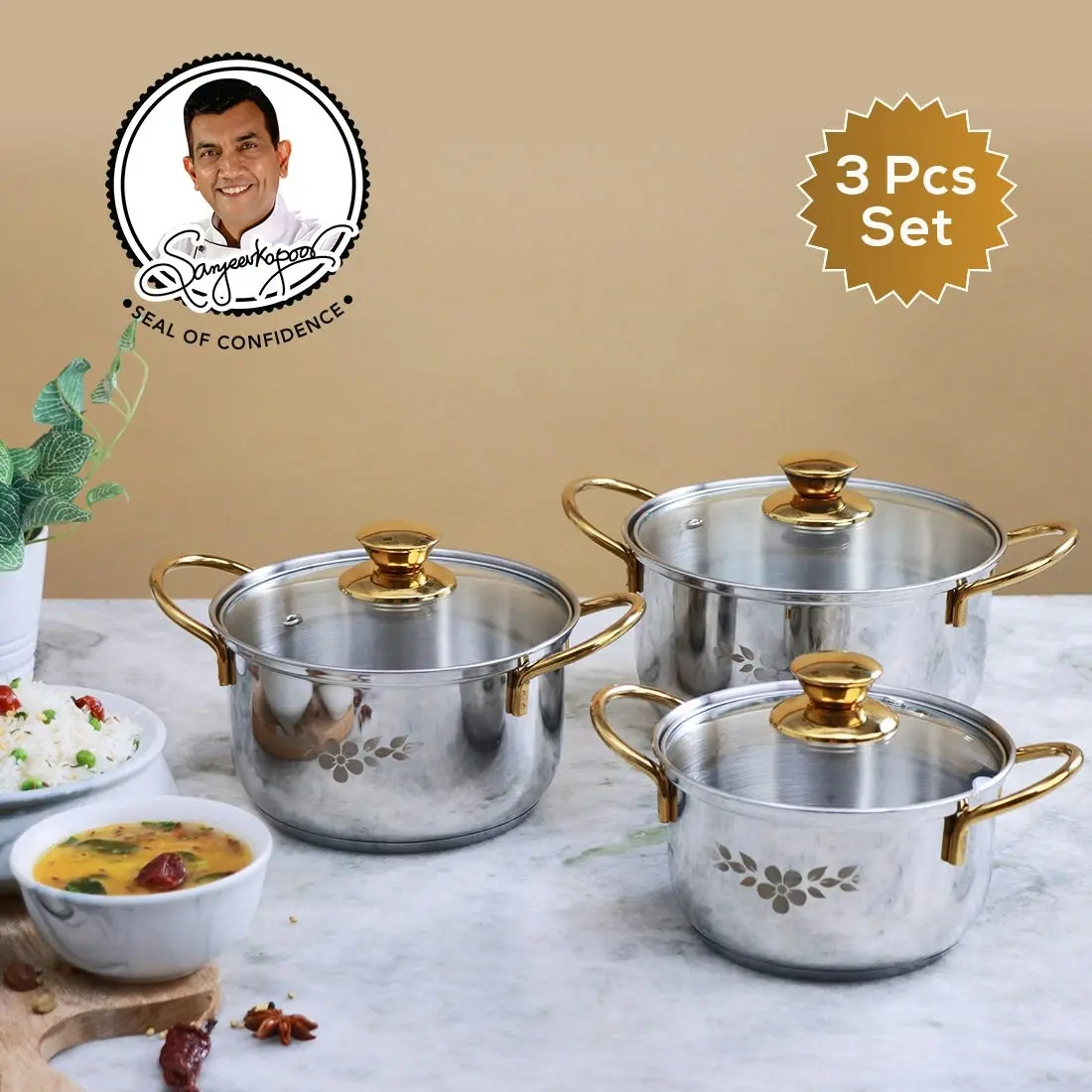 Wonderchef Gold Stanton Stainless Steel Casserole Set – 6 Pc