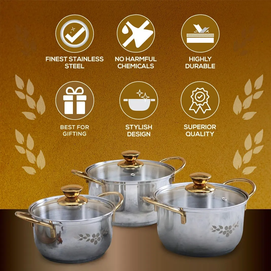 Wonderchef Gold Stanton Stainless Steel Casserole Set – 6 Pc