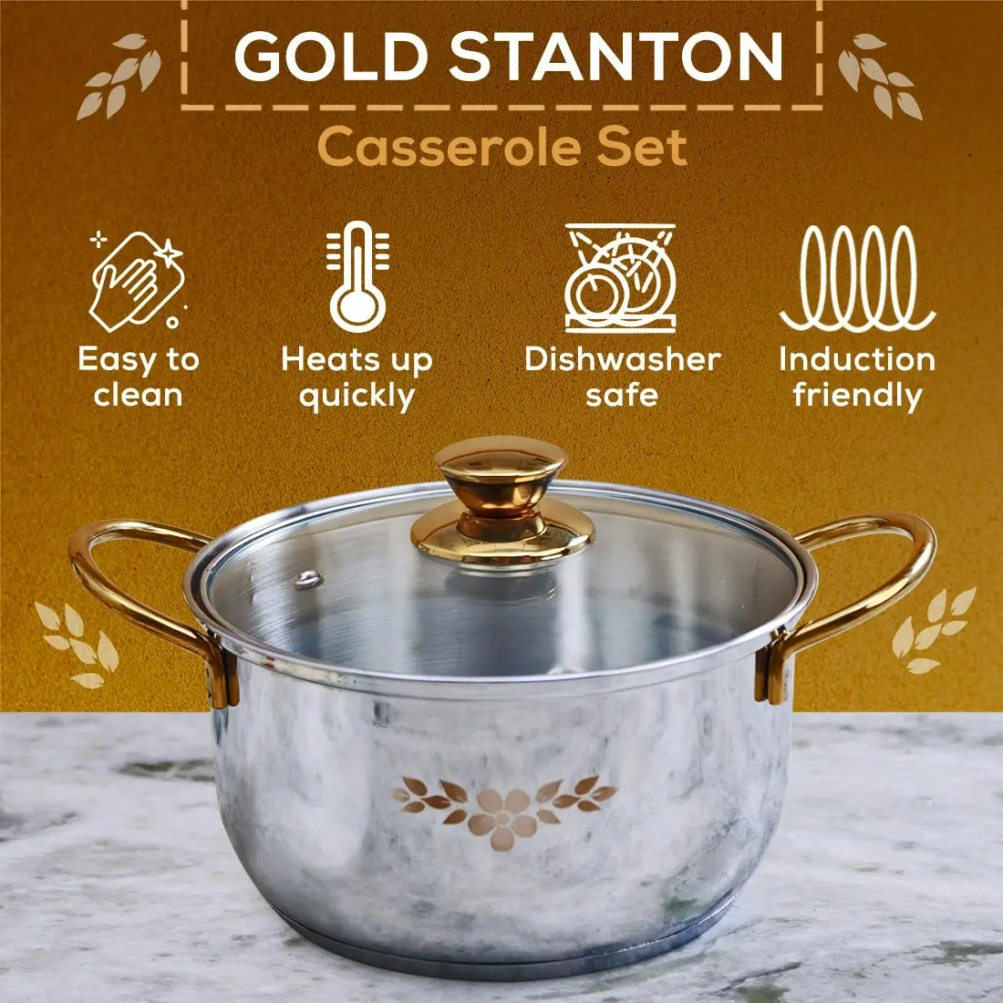 Wonderchef Gold Stanton Stainless Steel Casserole Set – 6 Pc