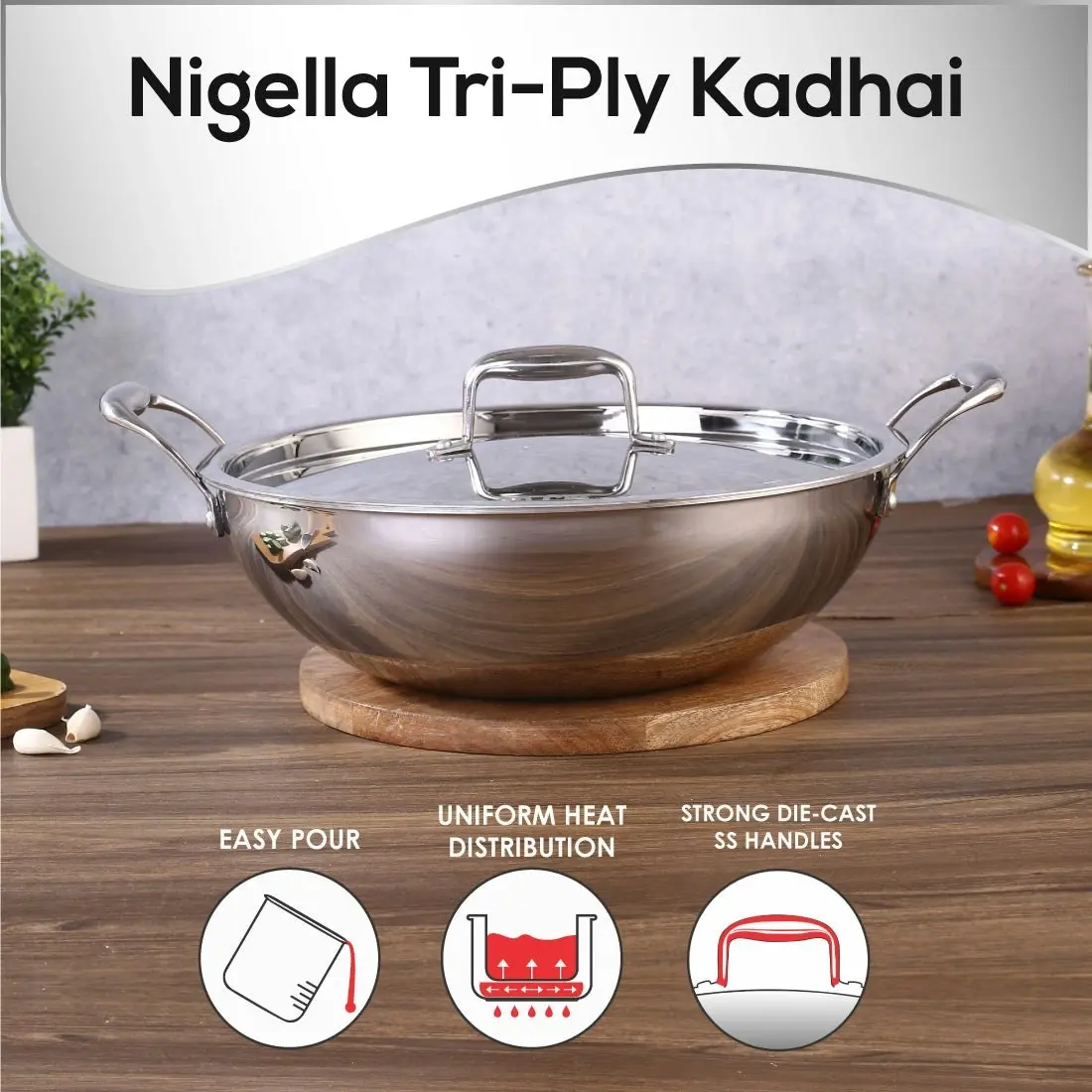 Wonderchef Nigella Stainless Steel Triply Kadhai with SS Lid 30 cm 4.6L