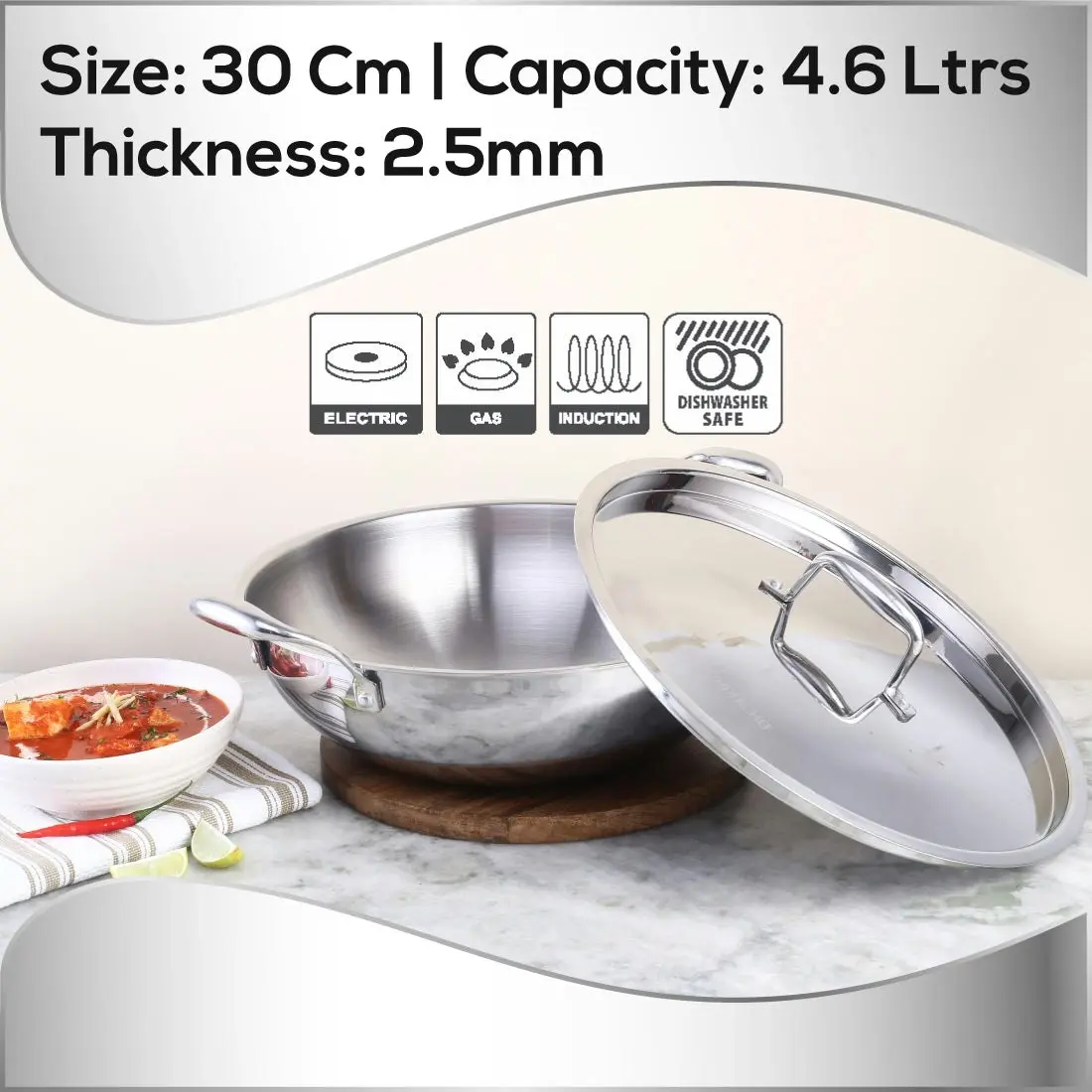 Wonderchef Nigella Stainless Steel Triply Kadhai with SS Lid 30 cm 4.6L