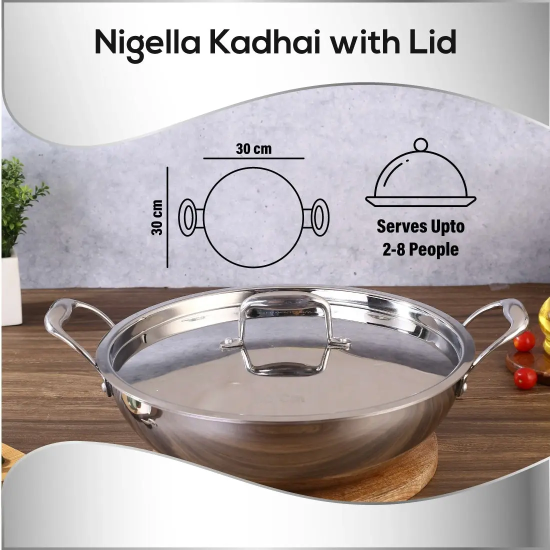 Wonderchef Nigella Stainless Steel Triply Kadhai with SS Lid 30 cm 4.6L